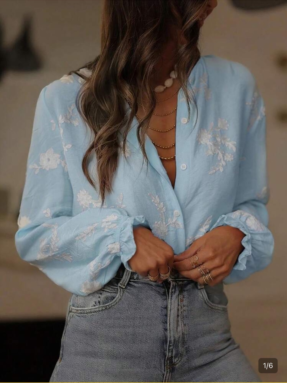 NEW Light Blue Floral Button Blouse